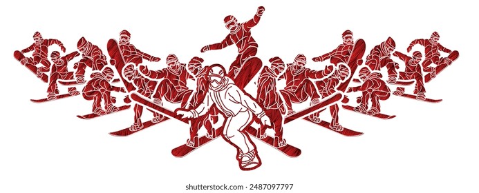 Group of Snowboarder Mix Action Snowboard Sport Player Cartoon Graphic Vector 