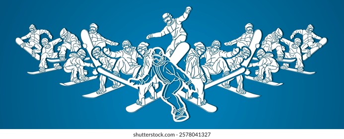 Group of Snowboarder Snowboard Players Mix Action Extreme Sport Cartoon Graphic Vector