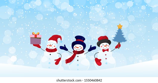 Group of snowman characters with gifts and Christmas tree on a winter snowy background. Christmas banner with holiday design elements. Winter card. Flat vector stock with copy space