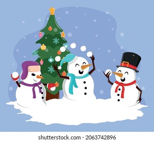 grupo de snowman y árbol con nieve