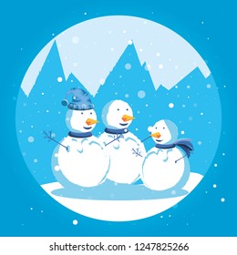 group snowmen with winter landscape of christmas