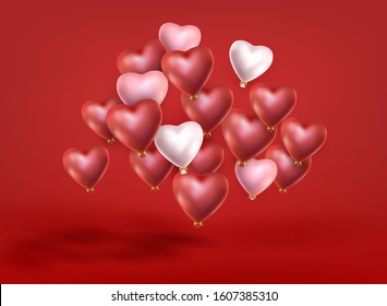 Group of soaring red white pink helium balloons on red background. Valentines Day, Christmas, Birthday, anniversary, celebration vector decoration, holiday banner