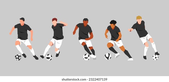 group of soccer athletes dribbling a ball. with different poses, gestures, skin color. sport, activity, diversity concept. suitable for print, poster, sticker. graphic flat vector set