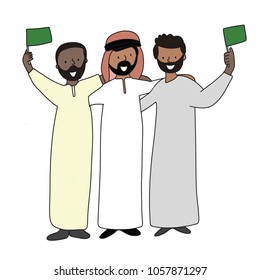 Group of soccer fans of the football team of Saudi  Arabia holding Saudi Arabian Flags for football match isolated vector on white background 
