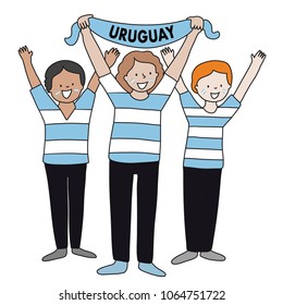 Group of soccer fans of the football team of Uruguay holding Uruguay Flags for football match isolated vector on white background 