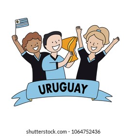 Group of soccer fans of the football team of Uruguay Flags winning the championship holding a trophy isolated vector of group of people on white background