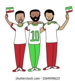 Group of soccer fans of the football team of Iran holding flags for football match isolated vector on white background 