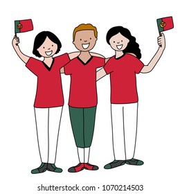 Group of soccer fans of the football team of Portugal holding flags for football match isolated vector on white background 