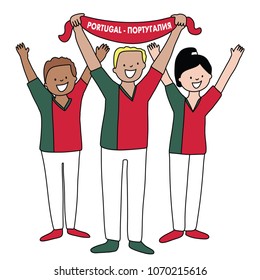Group of soccer fans of the football team of holding Portugal Flags for football match isolated vector on white background 