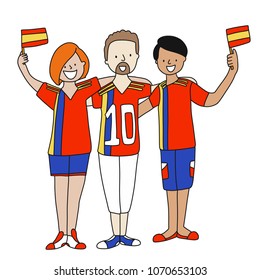 Group of soccer fans of the football team of Spain holding flags for football match isolated vector on white background 