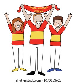 Group of soccer fans of the football team of holding Spain Flags for football match isolated vector on white background 
