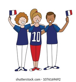 Group of soccer fans of the football team of France holding flags for football match isolated vector on white background 