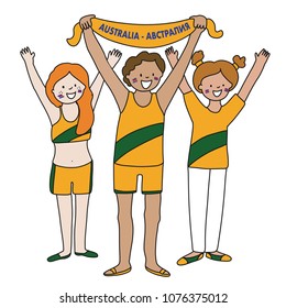 Group of soccer fans of the football team of holding Australia  Flags for football match isolated vector on white background 