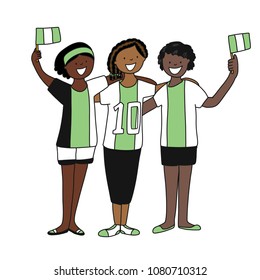 Group of soccer fans of the football team of Nigeria holding flags for football match isolated vector on white background 