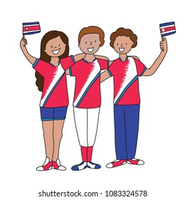 Group of soccer fans of the football team of holding Costa Rica Flags for football match isolated vector on white background 
