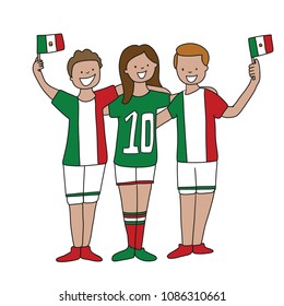 Group of soccer fans of the football team of holding Mexico Flags for football match isolated vector on white background 