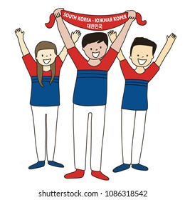Group of soccer fans of the football team of South Korea holding flags for football match isolated vector on white background 
Country name 
South Korea (translated from russian and korean)