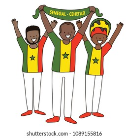 Group of soccer fans of the football team of Senegal holding flags for football match isolated vector on white background 
Country name 
Senegal (translated from russian)