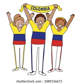 Group of soccer fans of the football team of Colombia holding flags for football match isolated vector on white background 
Country name 
Colombia 