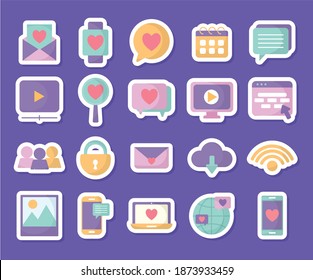 group of social media icons over a purple background vector illustration design