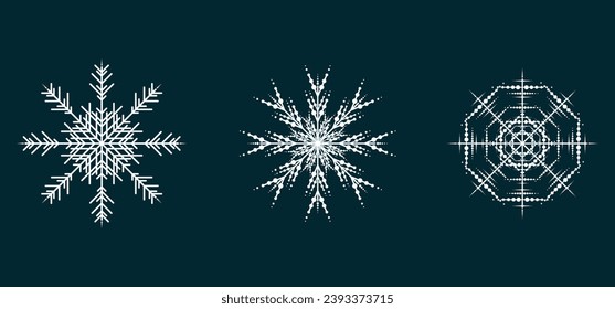 Group of Soft snowflakes collection isolated on black background. Set Flat snow icons, silhouette. Nice element for Christmas banner, cards. New year ornament concepts