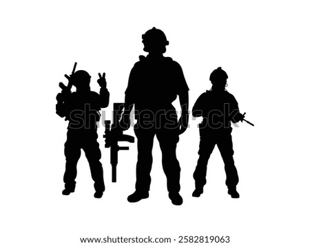 Group of Soldier and Army Force Silhouette isolated white background. Vector Illustration