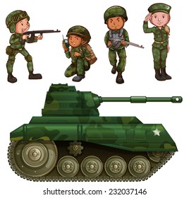 A group of soldiers with an armoured tank on a white background 