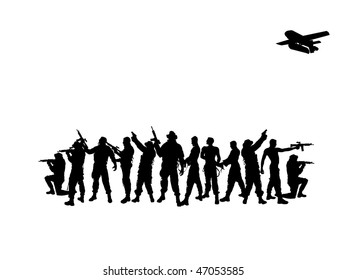 group soldiers with drone-silhouette