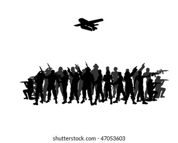 group soldiers with drone-silhouette