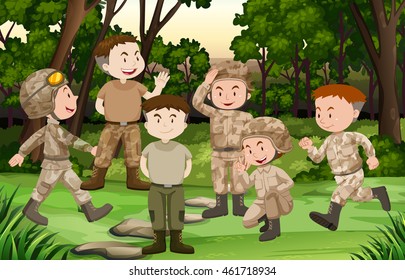 Group of soldiers in the forest illustration