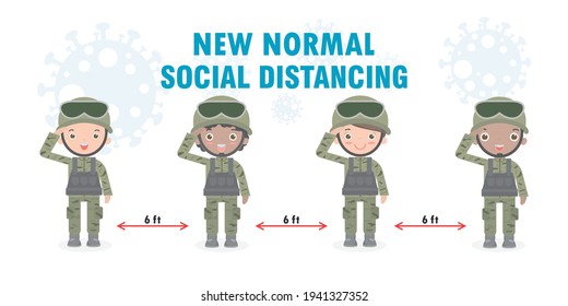 group of soldiers men and women new normal lifestyle concept. US Army soldiers wearing face mask and social distancing protect coronavirus covid 19, cartoon isolated on background vector illustration