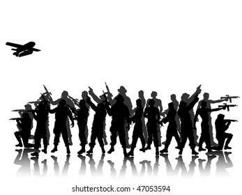 group soldiers with shadows-silhouette