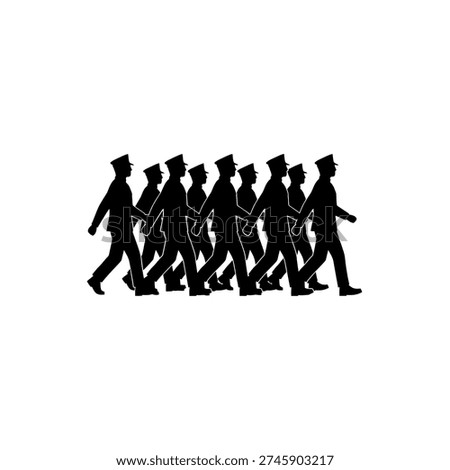 A group of soldiers in uniform marching together in a disciplined formation, depicted as silhouettes.