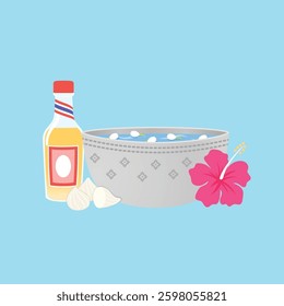 group of Songkran festival silver bowl with Jasmin flower, Thai scented water, traditional, white clay filler and hibiscus flower illustration