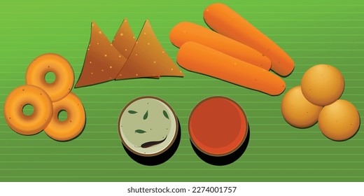 group of south Indian famous tea time snacks are vada, samosa, banana bajji, bonda and coconut, tomato chutney. vector, illustration.