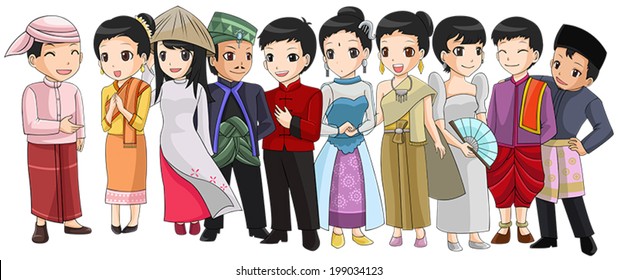 Group Of Southeast Asia Country People With Different Race And Culture National Costume In Cute Cartoon Illustration Design Representing ASEAN Organization (vector) 