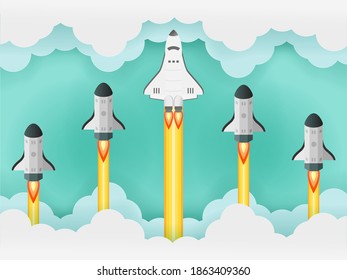 group of spaceship launching in to the sky. paper cut of rockets traveling in the space vector