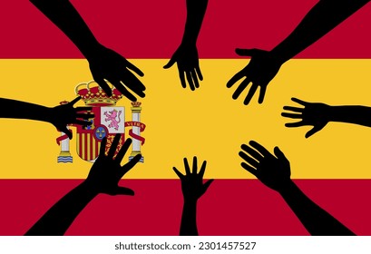 Group of Spain people gathering hands vector silhouette, unity or support idea, hand gathering silhouette on Spain flag, teamwork and togetherness concept, union of society