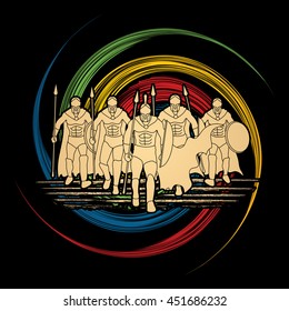 Group of Spartan warrior walking with a spear designed on spin wheel background graphic vector.