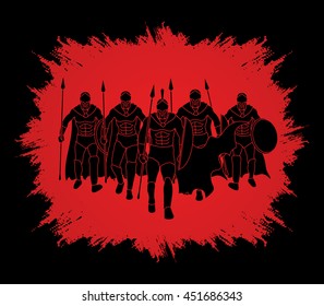 Group of Spartan warrior walking with a spear designed on grunge frame background graphic vector.
