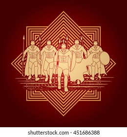 Group of Spartan warrior walking with a spear designed on line square background graphic vector.