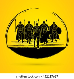 Group of Spartan warrior walking with a spear graphic vector.