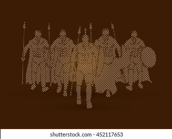 Group of Spartan warrior walking with a spear designed using dots pixels graphic vector.