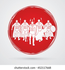 Group of Spartan warrior walking with a spear designed on grunge cycle background graphic vector.