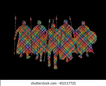 Group of Spartan warrior walking with a spear designed using colorful mosaic graphic vector.