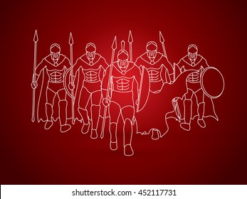 Group of Spartan warrior walking with a spear outline graphic vector.