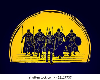 Group of Spartan warrior walking with a spear designed on moonlight background graphic vector.