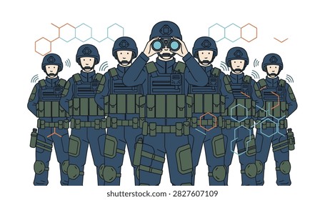 Group of special forces operators in dark blue tactical uniforms stand with communication gear and one officer using binoculars for surveillance missions.