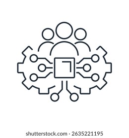 Grupo de especialistas em gestão eletrônica. Marketing digital.  Ilustração de ícone linear de vetor isolada no fundo branco.