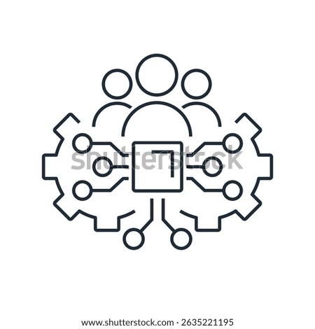 Group of specialists in electronic management. Digital marketing.  Vector linear icon illustration isolated on white background.
